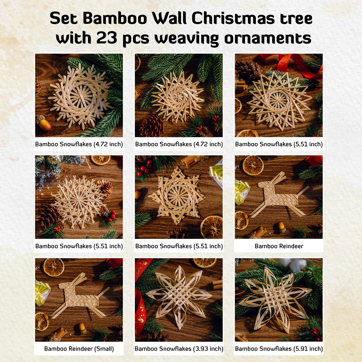 Set Bamboo Wall Christmas tree with 23 pcs weaving ornaments