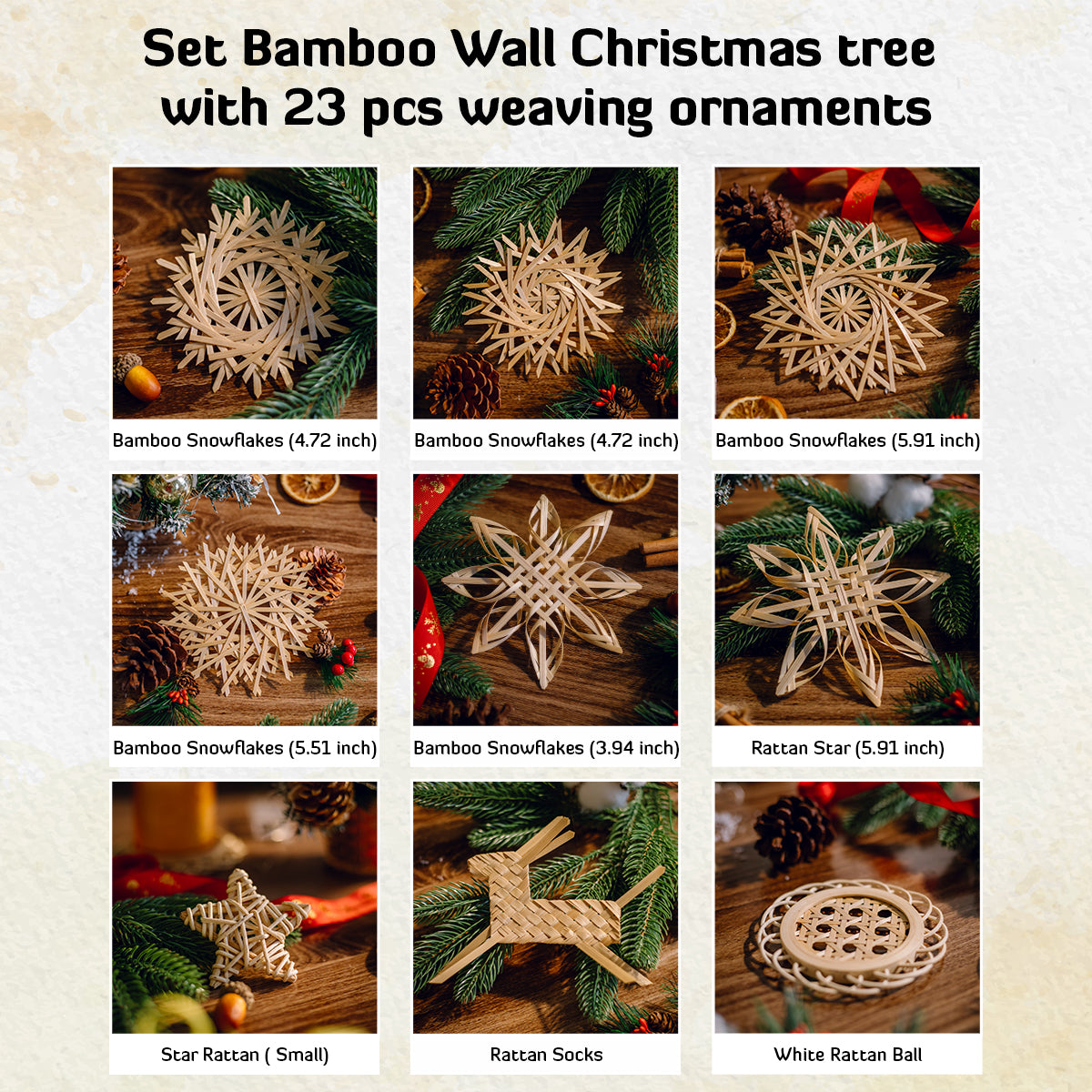 Set Bamboo Christmas tree with 22 pcs weaving ornaments