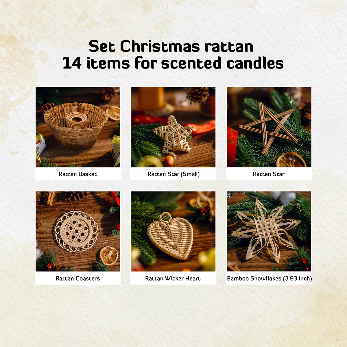 Set Christmas rattan 14 items for scented candles